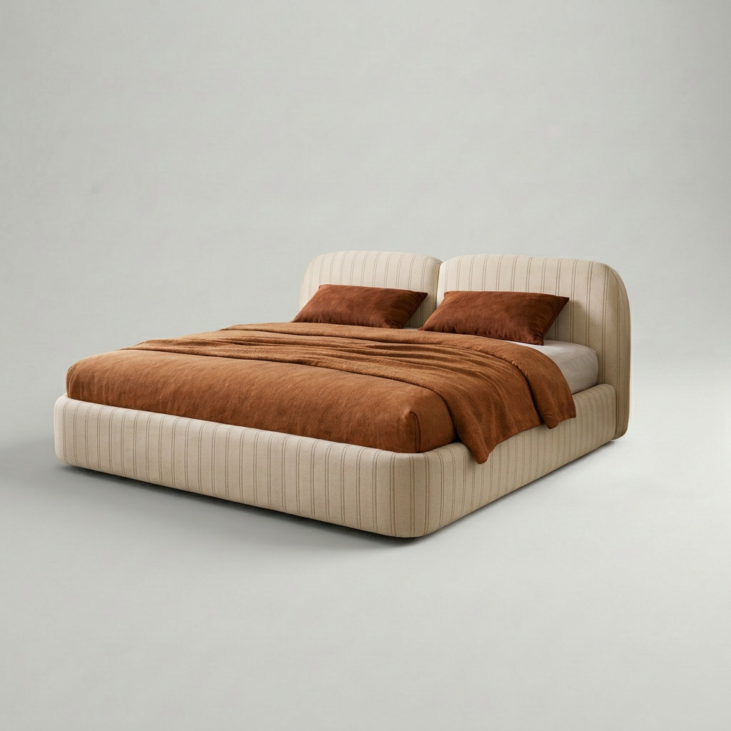 Beige bed with brown bedding on a plain background