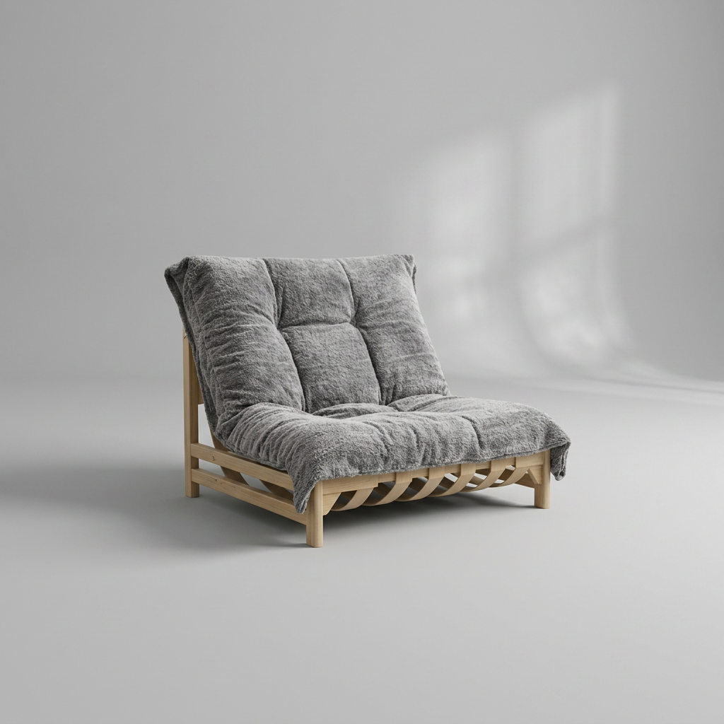 Gray cushioned chair with wooden frame on a gray background