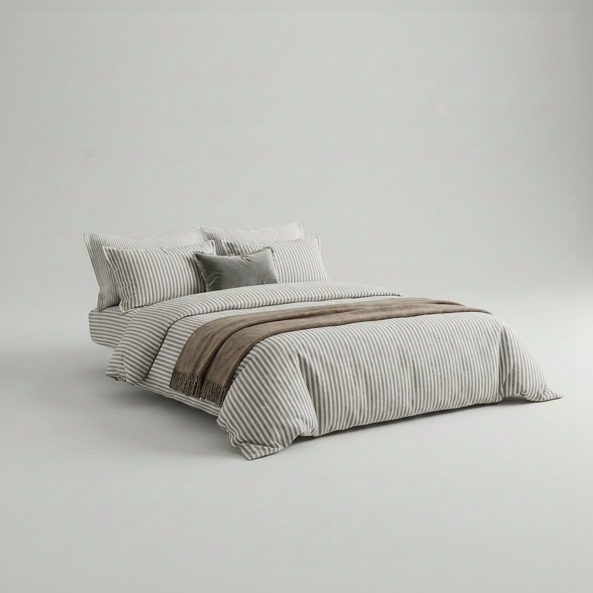 Striped bedding set on a bed against a plain background