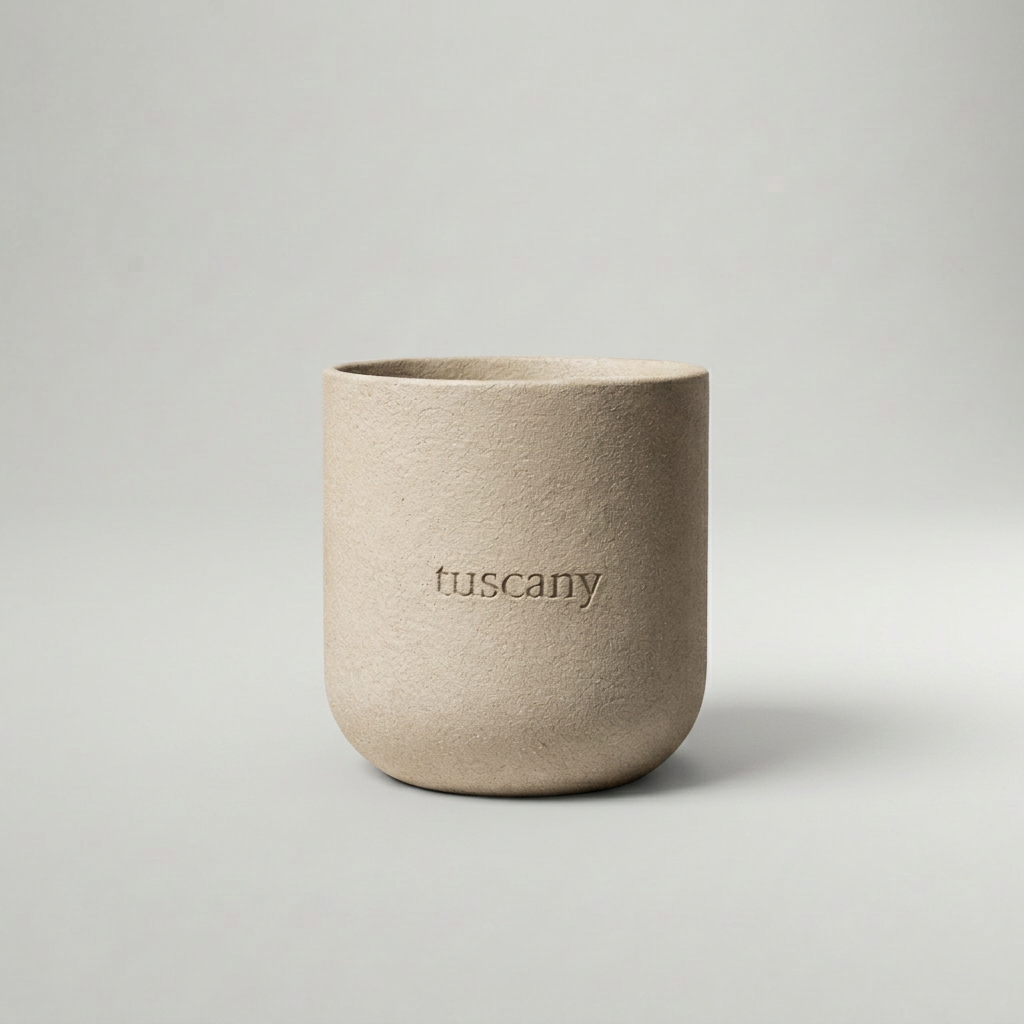 Beige ceramic candle with 'tuscany' engraving on a light gray background