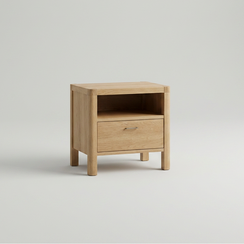 Wooden nightstand with a drawer on a light gray background